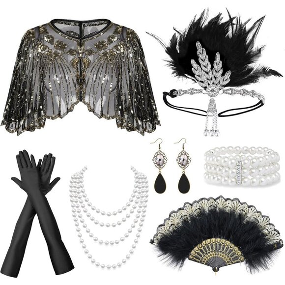 1920s Flapper Accessories Set Gatsby Headband Pearl Necklace 20s Theme main image 7